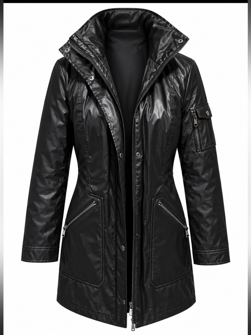 Calvin Klein Black Long Leather-Effect Zip Front Coat